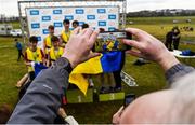 8 March 2025; St. Mary's Diocesan School celebrate with the cup after winning the Senior Boys 6,000m team event during the 123.ie All Ireland Schools Cross Country Championships at Galway Racecourse in Ballybrit, Galway. Photo by Tom Beary/Sportsfile