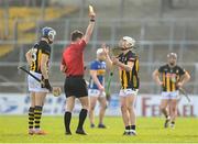 9 March 2025; Jordan Molloy of Kilkenny reacts to being shown a yellow by referee Sean Stack, before he was shown a red card, during the Allianz Hurling League Division 1A match between Kilkenny and Tipperary at UPMC Nowlan Park in Kilkenny. Photo by Stephen McCarthy/Sportsfile