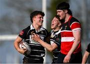 9 March 2025; Dan Dowling of Kilkenny, left, celebrates with teammate Jack Campion after scoring their side's second try during the Bank of Ireland Provincial Towns Cup Round 2 match between Kilkenny RFC and Wicklow RFC at Foulkstown in Kilkenny. Photo by Seb Daly/Sportsfile