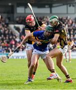 9 March 2025; Sam O’Farrell of Tipperary in action against Fionán Mackessy, left, and Paddy Deegan of Kilkenny during the Allianz Hurling League Division 1A match between Kilkenny and Tipperary at UPMC Nowlan Park in Kilkenny. Photo by Stephen McCarthy/Sportsfile