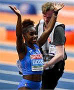 9 March 2025; Zaynab Dosso of Italy celebrates winning gold in the women's 60m final on day four of the European Athletics Indoor Championships 2025 at the Omnisport Apeldoorn in Apeldoorn, Netherlands. Photo by Sam Barnes/Sportsfile