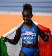 9 March 2025; Zaynab Dosso of Italy celebrates winning gold in the women's 60m final on day four of the European Athletics Indoor Championships 2025 at the Omnisport Apeldoorn in Apeldoorn, Netherlands. Photo by Sam Barnes/Sportsfile