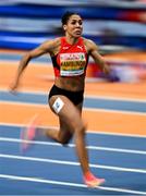 9 March 2025; Mujinga Kambundji of Switzerland in action during the women's 60m during the women's 60m final on day four of the European Athletics Indoor Championships 2025 at the Omnisport Apeldoorn in Apeldoorn, Netherlands. Photo by Sam Barnes/Sportsfile