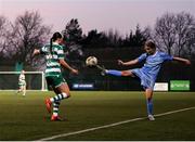 9 March 2025; Emily McCann of DLR Waves in action against Amy Rose Byrne Stephens of Shamrock Rovers during the EA SPORTS LOI Academy Womens U19 League match between Shamrock Rovers and DLR Waves at Roadstone Academy in Dublin. Photo by Thomas Flinkow/Sportsfile