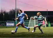 9 March 2025; Aoife Kavanagh of DLR Waves in action against Katlyn Conroy of Shamrock Rovers during the EA SPORTS LOI Academy Womens U19 League match between Shamrock Rovers and DLR Waves at Roadstone Academy in Dublin. Photo by Thomas Flinkow/Sportsfile