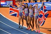 9 March 2025; The Great Britain team, from left, Hannah Kelly, Amber Anning, Lina Nielsen and Emily Newnham after winning gold in the women's 4x400m final on day four of the European Athletics Indoor Championships 2025 at the Omnisport Apeldoorn in Apeldoorn, Netherlands. Photo by Sam Barnes/Sportsfile