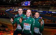 9 March 2025; Team Ireland athletes, from left, Mark English with his bronze medal from the men's 800m, Sarah Healy with her gold medal from the women's 3000m and Kate O'Connor with her bronze medal from the women's pentathlon on day four of the European Athletics Indoor Championships 2025 at the Omnisport Apeldoorn in Apeldoorn, Netherlands. Photo by Sam Barnes/Sportsfile