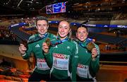 9 March 2025; Team Ireland athletes, from left, Mark English with his bronze medal from the men's 800m, Sarah Healy with her gold medal from the women's 3000m and Kate O'Connor with her bronze medal from the women's pentathlon on day four of the European Athletics Indoor Championships 2025 at the Omnisport Apeldoorn in Apeldoorn, Netherlands. Photo by Sam Barnes/Sportsfile