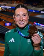 9 March 2025; Kate O'Connor of Ireland with her bronze medal from the women's pentathlon on day four of the European Athletics Indoor Championships 2025 at the Omnisport Apeldoorn in Apeldoorn, Netherlands. Photo by Sam Barnes/Sportsfile