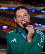 9 March 2025; Kate O'Connor of Ireland with her bronze medal from the women's pentathlon on day four of the European Athletics Indoor Championships 2025 at the Omnisport Apeldoorn in Apeldoorn, Netherlands. Photo by Sam Barnes/Sportsfile