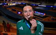 9 March 2025; Kate O'Connor of Ireland with her bronze medal from the women's pentathlon on day four of the European Athletics Indoor Championships 2025 at the Omnisport Apeldoorn in Apeldoorn, Netherlands. Photo by Sam Barnes/Sportsfile