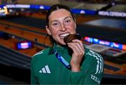 9 March 2025; Kate O'Connor of Ireland with her bronze medal from the women's pentathlon on day four of the European Athletics Indoor Championships 2025 at the Omnisport Apeldoorn in Apeldoorn, Netherlands. Photo by Sam Barnes/Sportsfile