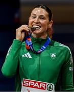 9 March 2025; Kate O'Connor of Ireland with her bronze medal from the women's pentathlon on day four of the European Athletics Indoor Championships 2025 at the Omnisport Apeldoorn in Apeldoorn, Netherlands. Photo by Sam Barnes/Sportsfile