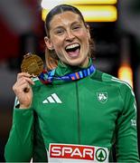 9 March 2025; Kate O'Connor of Ireland with her bronze medal from the women's pentathlon on day four of the European Athletics Indoor Championships 2025 at the Omnisport Apeldoorn in Apeldoorn, Netherlands. Photo by Sam Barnes/Sportsfile