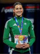 9 March 2025; Kate O'Connor of Ireland with her bronze medal from the women's pentathlon on day four of the European Athletics Indoor Championships 2025 at the Omnisport Apeldoorn in Apeldoorn, Netherlands. Photo by Sam Barnes/Sportsfile