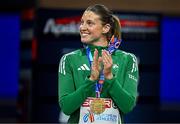 9 March 2025; Kate O'Connor of Ireland waits to be presented with her bronze medal from the women's pentathlon on day four of the European Athletics Indoor Championships 2025 at the Omnisport Apeldoorn in Apeldoorn, Netherlands. Photo by Sam Barnes/Sportsfile