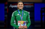 9 March 2025; Kate O'Connor of Ireland with her bronze medal from the women's pentathlon on day four of the European Athletics Indoor Championships 2025 at the Omnisport Apeldoorn in Apeldoorn, Netherlands. Photo by Sam Barnes/Sportsfile