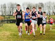 8 March 2025; Odhran McBrearty, left, of St Columbas Stranorlar competes in the Intermediate Boys 5,000m during the 123.ie All Ireland Schools Cross Country Championships at Galway Racecourse in Ballybrit, Galway. Photo by Tom Beary/Sportsfile