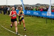 8 March 2025; Rachel O'Flynn, left, of Loreto Fermoy and Aoibhinn McNamara of SHS Westport compete in the Intermediate Girls 3,500m during the 123.ie All Ireland Schools Cross Country Championships at Galway Racecourse in Ballybrit, Galway. Photo by Tom Beary/Sportsfile