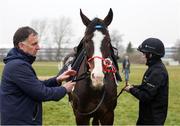 10 March 2025: Trainer Henry de Bromhead and jockey Rachael Blackmore with Workahead ahead of the Cheltenham Racing Festival at Prestbury Park in Cheltenham, England. Photo by Harry Murphy/Sportsfile