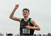 8 March 2025; Paraic McGettigan of St Columbas Stranorlar celebrates as he crosses the finish line of the Intermediate Boys 5,000m during the 123.ie All Ireland Schools Cross Country Championships at Galway Racecourse in Ballybrit, Galway. Photo by Tom Beary/Sportsfile