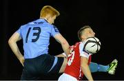 4 October 2013; Hugh Douglas, UCD, in action against Anto Flood, St. Patrick’s Athletic. Airtricity League Premier Division, UCD v St. Patrick’s Athletic, UCD Bowl, Belfield, Dublin. Picture credit: David Maher / SPORTSFILE