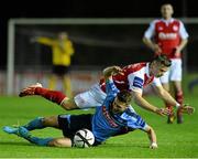 4 October 2013; Robbie Creevy, UCD, in action against Greg Bolger, St. Patrick’s Athletic. Airtricity League Premier Division, UCD v St. Patrick’s Athletic, UCD Bowl, Belfield, Dublin. Picture credit: David Maher / SPORTSFILE