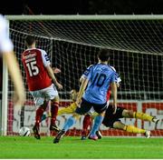 4 October 2013; Robert Benson, UCD, shoots to score his side's first goal. Airtricity League Premier Division, UCD v St. Patrick’s Athletic, UCD Bowl, Belfield, Dublin. Picture credit: David Maher / SPORTSFILE