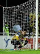 4 October 2013; A dejected UCD goalkeeper Mark McGinley after he let slip a shot resulting in a goal for St. Patrick’s Athletic's Chris Forrester. Airtricity League Premier Division, UCD v St. Patrick’s Athletic, UCD Bowl, Belfield, Dublin. Picture credit: David Maher / SPORTSFILE