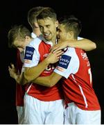 4 October 2013; Jake Kelly, right, St. Patrick’s Athletic, celebrates after scoring his side's third goal with team-mate Ger O'Brien. Airtricity League Premier Division, UCD v St. Patrick’s Athletic, UCD Bowl, Belfield, Dublin. Picture credit: David Maher / SPORTSFILE