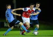 4 October 2013; Anto Flood, St. Patrick’s Athletic, in action against Barry McCabe, left, and Mick Leahy, UCD. Airtricity League Premier Division, UCD v St. Patrick’s Athletic, UCD Bowl, Belfield, Dublin. Picture credit: David Maher / SPORTSFILE