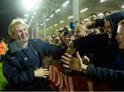 4 October 2013; St. Patrick’s Athletic manager Liam Buckley celebrates with supporters after the game. Airtricity League Premier Division, UCD v St. Patrick’s Athletic, UCD Bowl, Belfield, Dublin. Picture credit: David Maher / SPORTSFILE