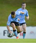 5 October 2013; Sam Coghlan Murray, UCD, goes over to score a try. Ulster Bank League, Division 1A, UCD v Old Belvedere, Belfield Bowl, Dublin. Picture credit: Ray McManus / SPORTSFILE