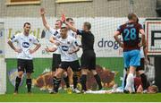 6 October 2013; Darren Meenan, third from left, Dundalk, is shown a straight red card and sent off by referee Anthony Buttimer. FAI Ford Cup, Semi-Final, Drogheda United v Dundalk, Hunky Dorys Park, Drogheda, Co. Louth. Picture credit: Brendan Moran / SPORTSFILE