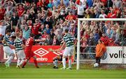 6 October 2013; Danny Ventre, Sligo Rovers, beats Shamrock Rovers goalkeeper Richard Brush, to score his side's first goal. FAI Ford Cup, Semi-Final, Sligo Rovers v Shamrock Rovers, The Showgrounds, Sligo. Picture credit: David Maher / SPORTSFILE