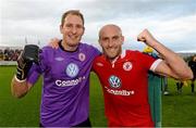 6 October 2013; Gary Rogers, left, and Alan Keane, Sligo Rovers, celebrate at the end of the game. FAI Ford Cup, Semi-Final, Sligo Rovers v Shamrock Rovers, The Showgrounds, Sligo. Picture credit: David Maher / SPORTSFILE