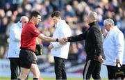 9 March 2025; Tipperary manager Liam Cahill shakes hands with referee Sean Stack before the Allianz Hurling League Division 1A match between Kilkenny and Tipperary at UPMC Nowlan Park in Kilkenny. Photo by Stephen McCarthy/Sportsfile