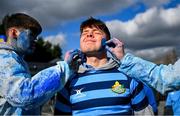 11 March 2025; St Vincent's Castleknock College supporters paint the faces of fellow students before the Bank of Ireland Leinster Rugby Boys Schools Junior Cup semi-final match between Blackrock College and St Vincent's Castleknock College at Energia Park in Dublin. Photo by Shauna Clinton/Sportsfile