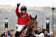 11 March 2025: Patrick Wadge, on Myretown, celebrates after winning the Ultima Handicap Chase on day one of the Cheltenham Racing Festival at Prestbury Park in Cheltenham, England. Photo by David Fitzgerald/Sportsfile