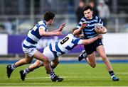 11 March 2025; Sam Cunningham of St Vincent's Castleknock College is tackled by Peter Le Roux of Blackrock College during the Bank of Ireland Leinster Rugby Boys Schools Junior Cup semi-final match between Blackrock College and St Vincent's Castleknock College at Energia Park in Dublin. Photo by Shauna Clinton/Sportsfile