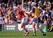 9 March 2025; Patrick Horgan of Cork is man-marked by Conor Cleary of Clare d1uring the Allianz Hurling League Division 1A match between Clare and Cork at Zimmer Biomet Páirc Chíosóg in Ennis, Clare. Photo by Piaras Ó Mídheach/Sportsfile