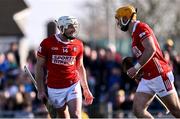 9 March 2025; Declan Dalton of Cork, right, celebrates with team-mate Patrick Horgan after scoring their side's fifth goal during the Allianz Hurling League Division 1A match between Clare and Cork at Zimmer Biomet Páirc Chíosóg in Ennis, Clare. Photo by Piaras Ó Mídheach/Sportsfile