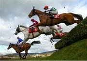 12 March 2025; Runners and riders jump the last during The Glenfarclas Cross Country Steeple Chase on day two of the Cheltenham Racing Festival at Prestbury Park in Cheltenham, England. Photo by Harry Murphy/Sportsfile