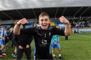 12 March 2025; Rice College goalkeeper Michael McDonnell celebrates after the FAI Schools Dr Tony O'Neill Senior National Cup final match between Blackrock College and Rice College at Athlone Town Stadium in Athlone, Westmeath. Photo by Matt Browne/Sportsfile