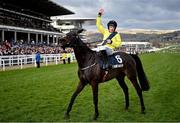 12 March 2025; Sean Flanagan, aboard Marine Nationale, celebrates after winning The BetMGM Queen Mother Champion Steeple Chase on day two of the Cheltenham Racing Festival at Prestbury Park in Cheltenham, England. Photo by David Fitzgerald/Sportsfile