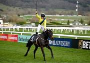 12 March 2025; Sean Flanagan, aboard Marine Nationale, celebrates after winning The BetMGM Queen Mother Champion Steeple Chase on day two of the Cheltenham Racing Festival at Prestbury Park in Cheltenham, England. Photo by David Fitzgerald/Sportsfile