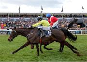 12 March 2025; Quilixios, unseats rider Darragh O'Keeffe as he falls at the last as eventual winner Marine Nationale, 6, with Sean Flanagan up, races for the finish on it's way to winning The BetMGM Queen Mother Champion Steeple Chase on day two of the Cheltenham Racing Festival at Prestbury Park in Cheltenham, England. Photo by Harry Murphy/Sportsfile