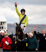 12 March 2025; Jockey Sean Flanagan, aboard Marine Nationale, celebrates after winning The BetMGM Queen Mother Champion Steeple Chase on day two of the Cheltenham Racing Festival at Prestbury Park in Cheltenham, England. Photo by Harry Murphy/Sportsfile