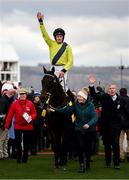 12 March 2025; Jockey Sean Flanagan, aboard Marine Nationale, celebrates after winning The BetMGM Queen Mother Champion Steeple Chase on day two of the Cheltenham Racing Festival at Prestbury Park in Cheltenham, England. Photo by Harry Murphy/Sportsfile