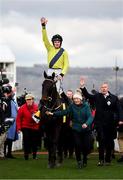 12 March 2025; Jockey Sean Flanagan, aboard Marine Nationale, celebrates after winning The BetMGM Queen Mother Champion Steeple Chase on day two of the Cheltenham Racing Festival at Prestbury Park in Cheltenham, England. Photo by Harry Murphy/Sportsfile